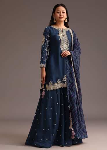 Blue Zari Work Palazzo Suit With Organza Dupatta
