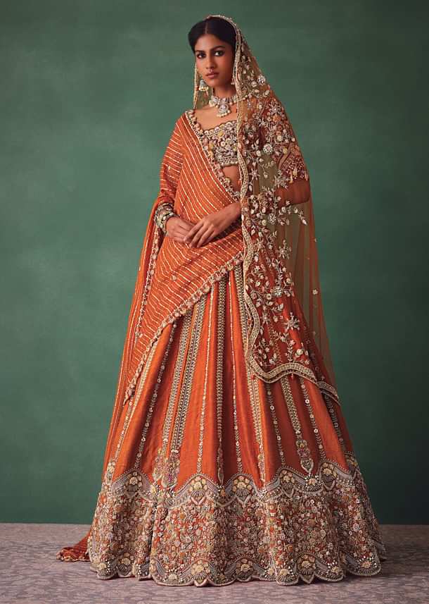 Rust Raw Silk Bridal Lehenga With Buti Work Dupatta