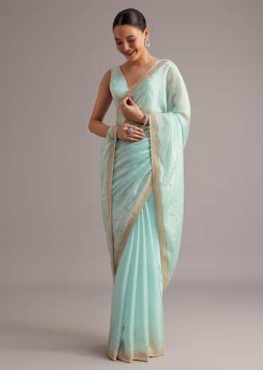 Blue Glass Tissue Saree With Cutdana Sequin And Beaded Embroidery