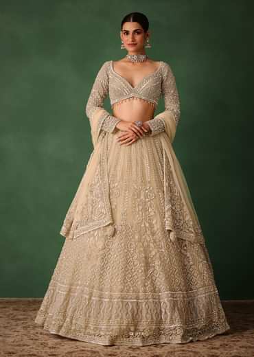 Gold Hand Embroidered Lehenga Set In Raw Silk With Dupatta