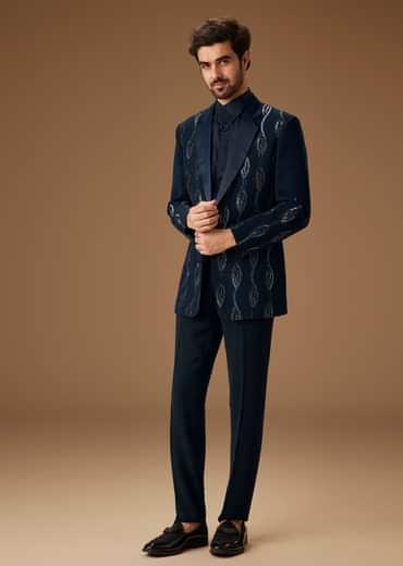 Blue Linen Tuxedo With Hand Embroidery