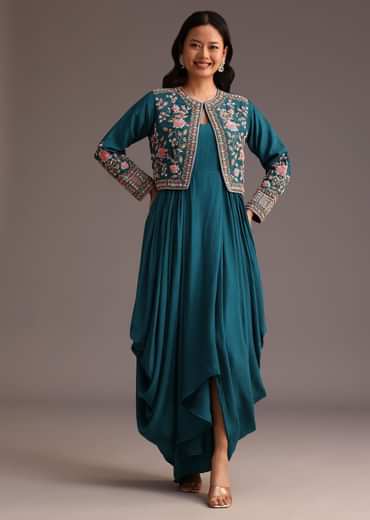 Teal Zardosi Embroidered Dhoti Style Gown With Jacket