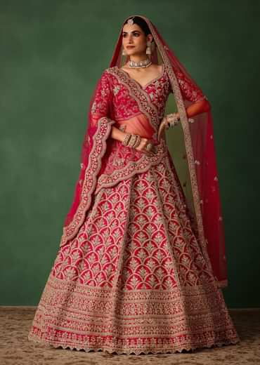 Cherry Red Raw Silk Hand Embroidered Lehenga Set With Net Dupatta
