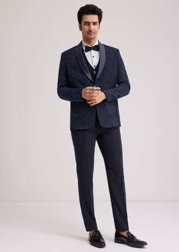 Blue Silk Tuxedo With Resham Work