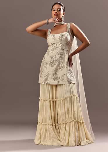 Off White Embroidered Kurta Sharara With Choker Dupatta