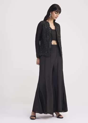 Black Crop Top With Flared Satin Palazzo