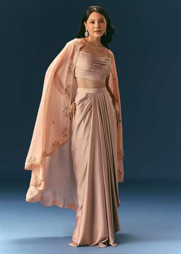 Brown Scallop Embroidered Cape With Bustier And Draped Skirt