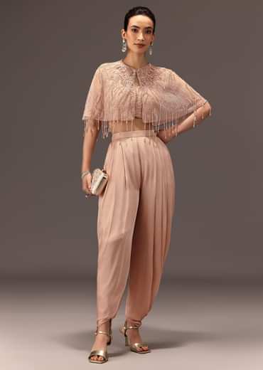 Nude Pleated Blouse With Tassel Cape And Dhoti Pants