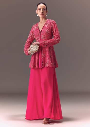 Pink Raw Silk Peplum With Double Circular Palazzo Pants