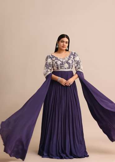 Purple Gown With Cape Style Sleeves in Jaal Work