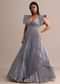 Ice Blue Organza Double Layered Circular Pleated Gown With Fancy Sleeves