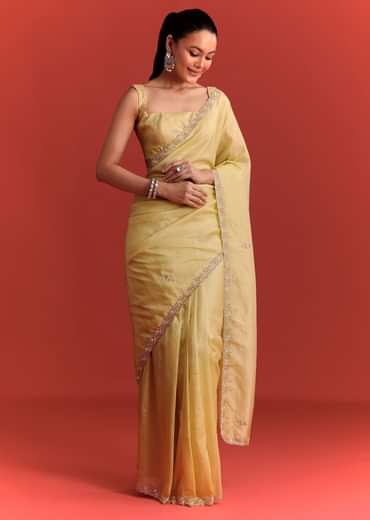 Yellow Crushed Tissue Saree With Cutdana Work
