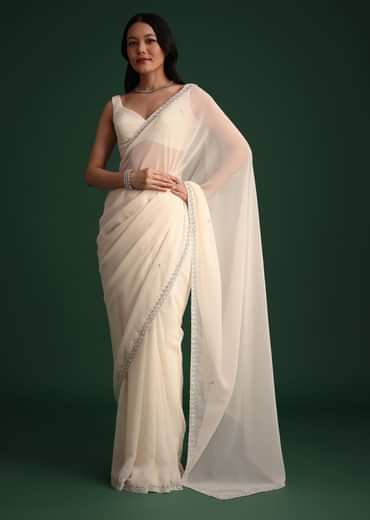 White Georgette Saree With Cutdana Embroidered Saree