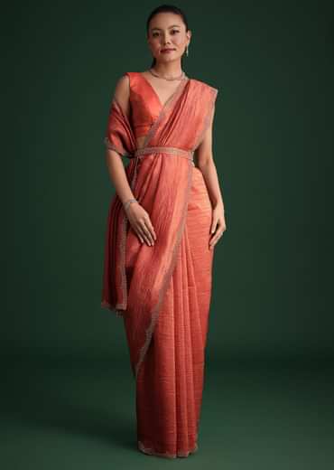 Rust Pink Crushed Tissue Saree With Diamond Work Border