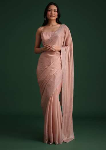 Peach Satin Heavy Embroidered Saree With Stones And Diamonds All Over