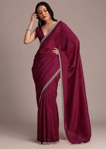 Wine Crushed Tissue Saree With Stone Embellished Border