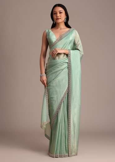 Sea Green Crushed Tissue Saree With Stone Embellished Border