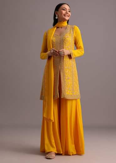 Yellow Cutdana Kurti Palazzo Suit With Dupatta