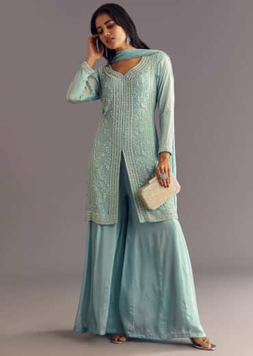 Sky Blue Chinon Kurta Dupatta Set With Moti And Cutdana Work