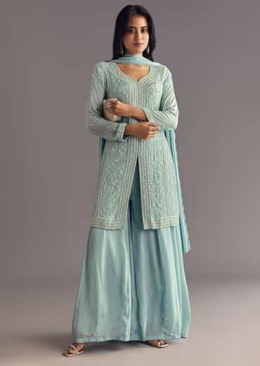 Sky Blue Chinon Kurta Dupatta Set With Moti And Cutdana Work