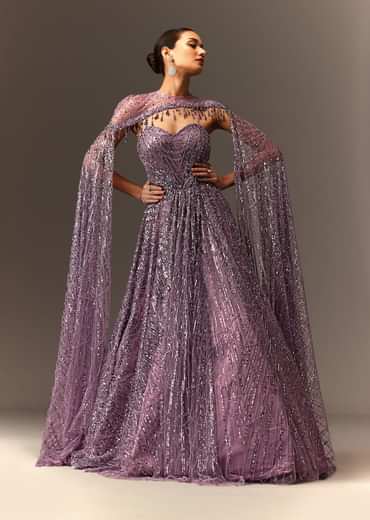Lilac Sequin Gown With Attached Cheeta Work Cape Sleeves