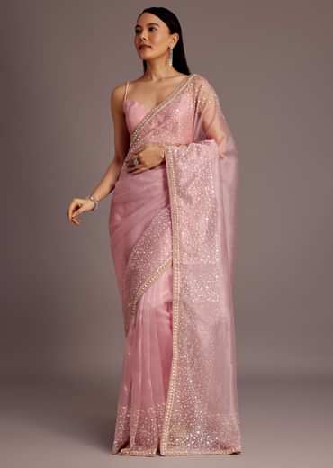 Pink Tissue Saree With Sequins Embellished Border