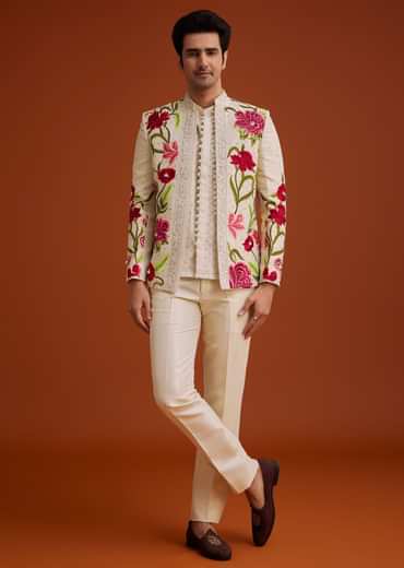 Cream Silk Jodhpuri Set With Floral Embroidery And Sequin Butti Work
