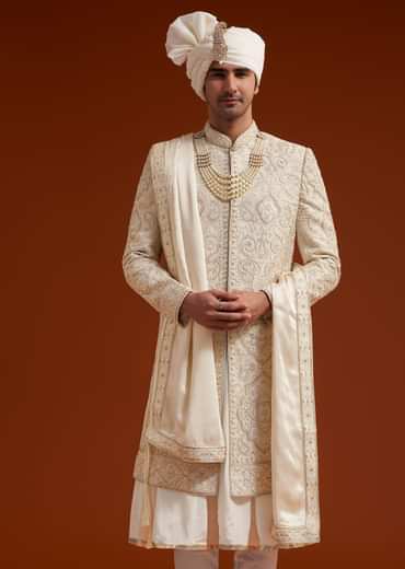 Ivory Sherwani Set With Zardosi And Butti Work