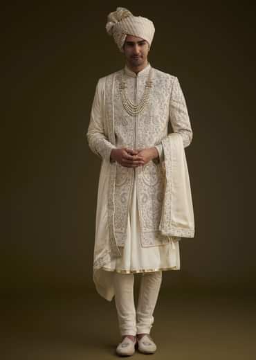 Fawn Silk Sherwani Set With Zardosi Detailing
