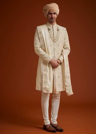 Beige Sherwani Set With Dori And Thread Work