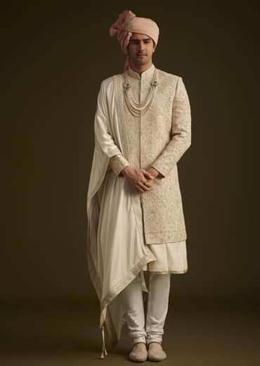 Beige Gotta Work Embroidered Sherwani And Matching Dupatta