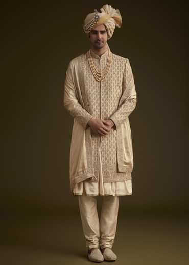 Beige Fawn Silk Sherwani Set With Embellished Dupatta Border