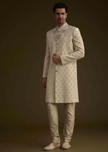Fawn Silk Sherwani Set With Zardosi Embroidery