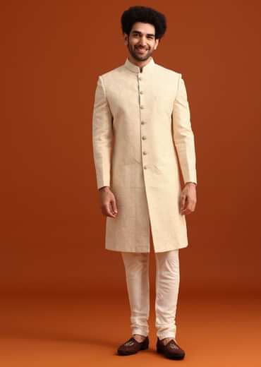 Off White Moonga Silk Embroidered Sherwani Set