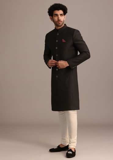 Black Textured Sherwani Set With Mandarin Collar