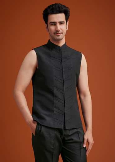 Blue To Black Ombre Indo Jacket Set With Mirror And Sequin Embellishments