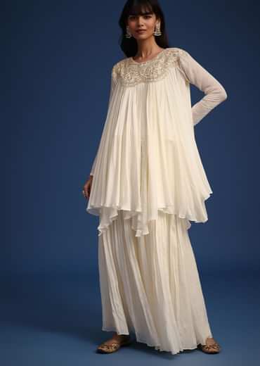 White Chiffon Kurta And Palazzo Set With Cutdana And Sequin Work