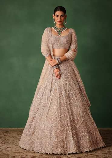 Rose Gold Hand Embroidered Lehenga Set With Dupatta