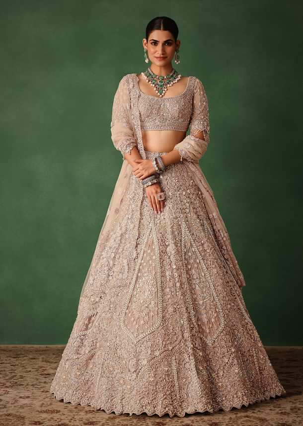 Rose Gold Hand Embroidered Lehenga Set With Dupatta