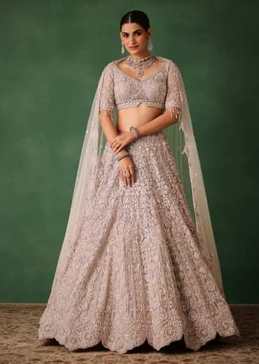 Beige Hand Embroidered Floral Lehenga With Blouse And Dupatta
