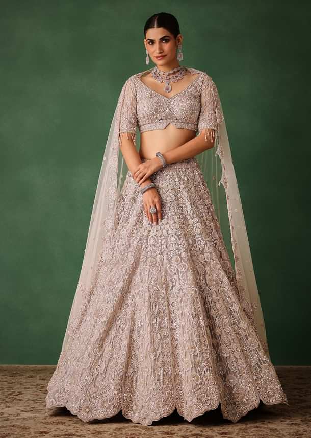 Beige Hand Embroidered Floral Lehenga With Blouse And Dupatta
