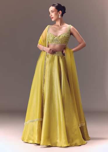 Yellow Organza Double Circular Lehenga Set With Hand Work