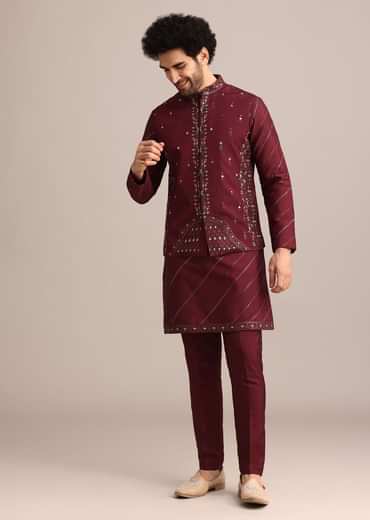 Maroon Silk Jacket Kurta Set With Embroidered Work