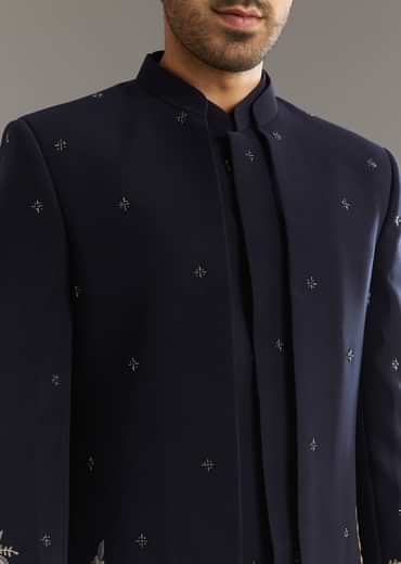 Blue Cutdana Embroidered Indo Western Set With Bird And Floral Motif