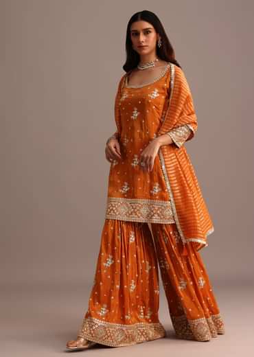 Orange Sequins Kurti Sharara Set With Chanderi Banarasi Dupatta