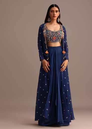 Blue Embroidered Croptop With Drape Skirt And Tussar Jacket