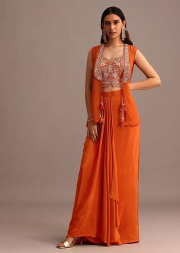 Orange Embroidered Croptop With Draped Skirt And Organza Jacket