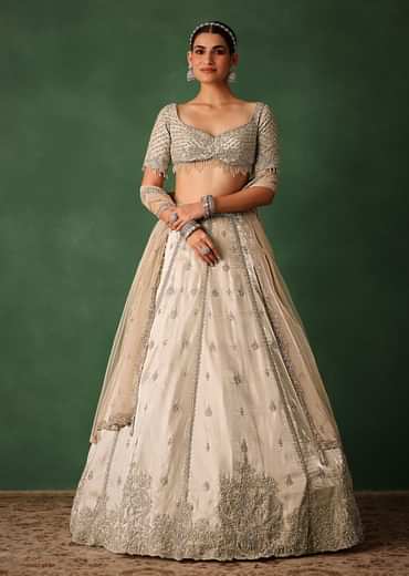 Oyster Hand Embroidered Organza Lehenga Set With Cutdana Work