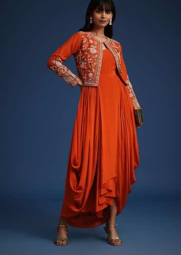 Orange Dhoti Style Gown With Embroidered Jacket