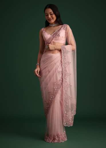 Peach Net Saree With Cutdana And Sequin Embroidery